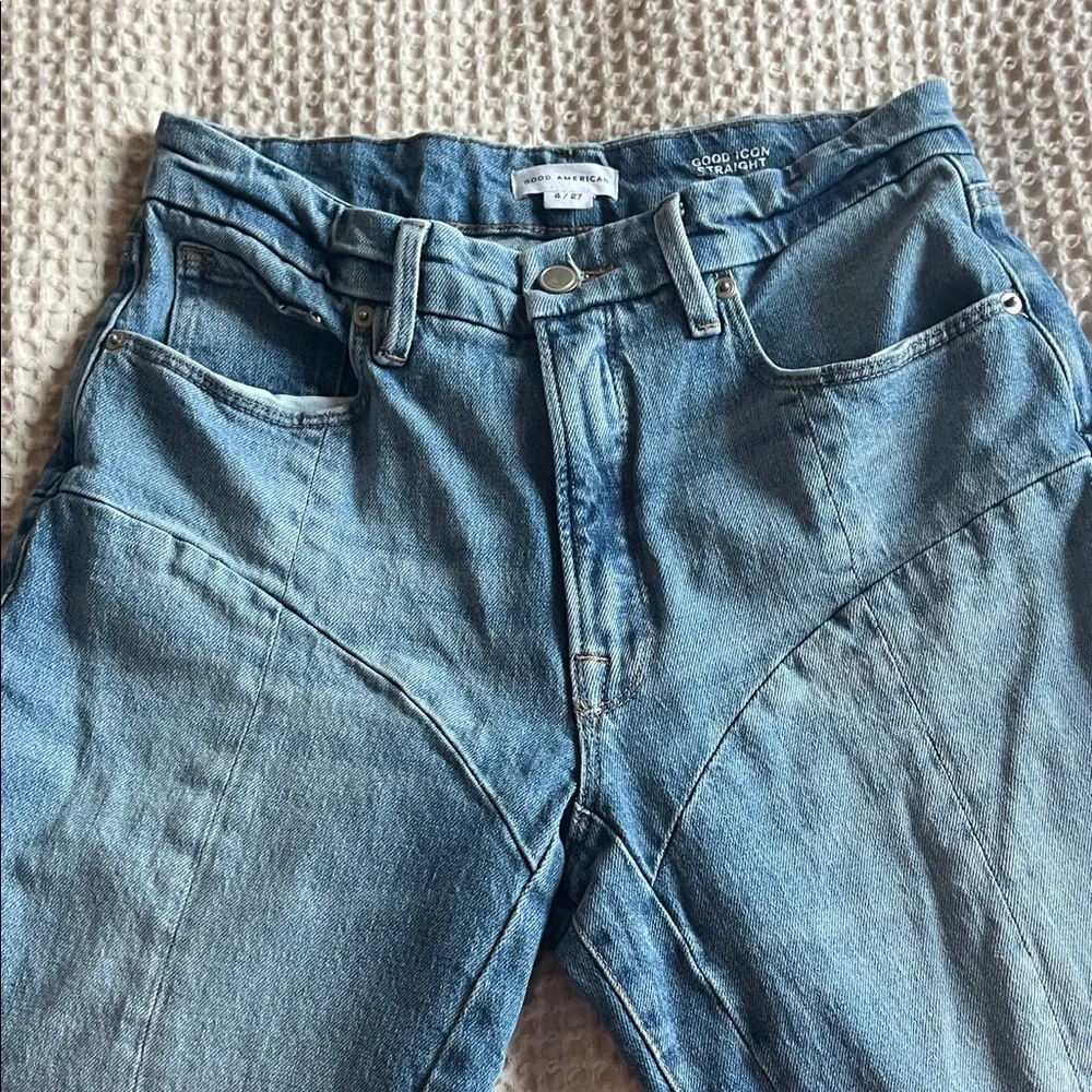 GOOD AMERICAN Blue Patchwork Straight-Leg Jeans - Picture 2 of 5